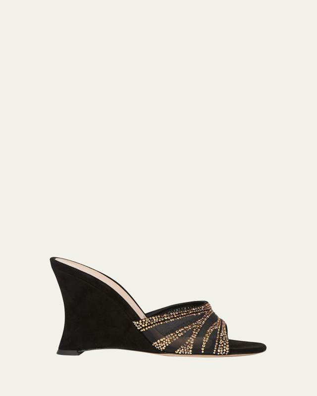 Camoscio Mesh Crystal and Suede Wedge Sandals